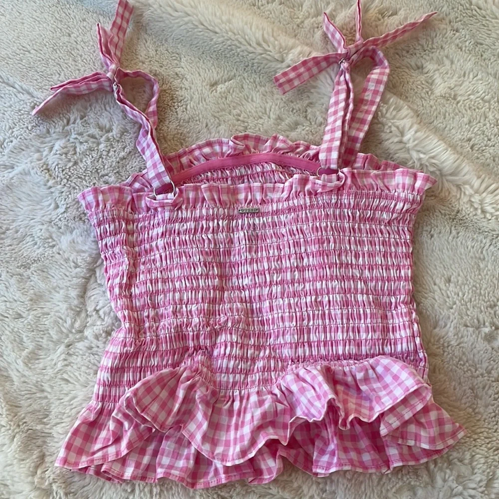 NWOT GUESS Women's Sleeveless Rihana Gingham Tank Top ruffle top with bows in XS - Picture 6 of 9